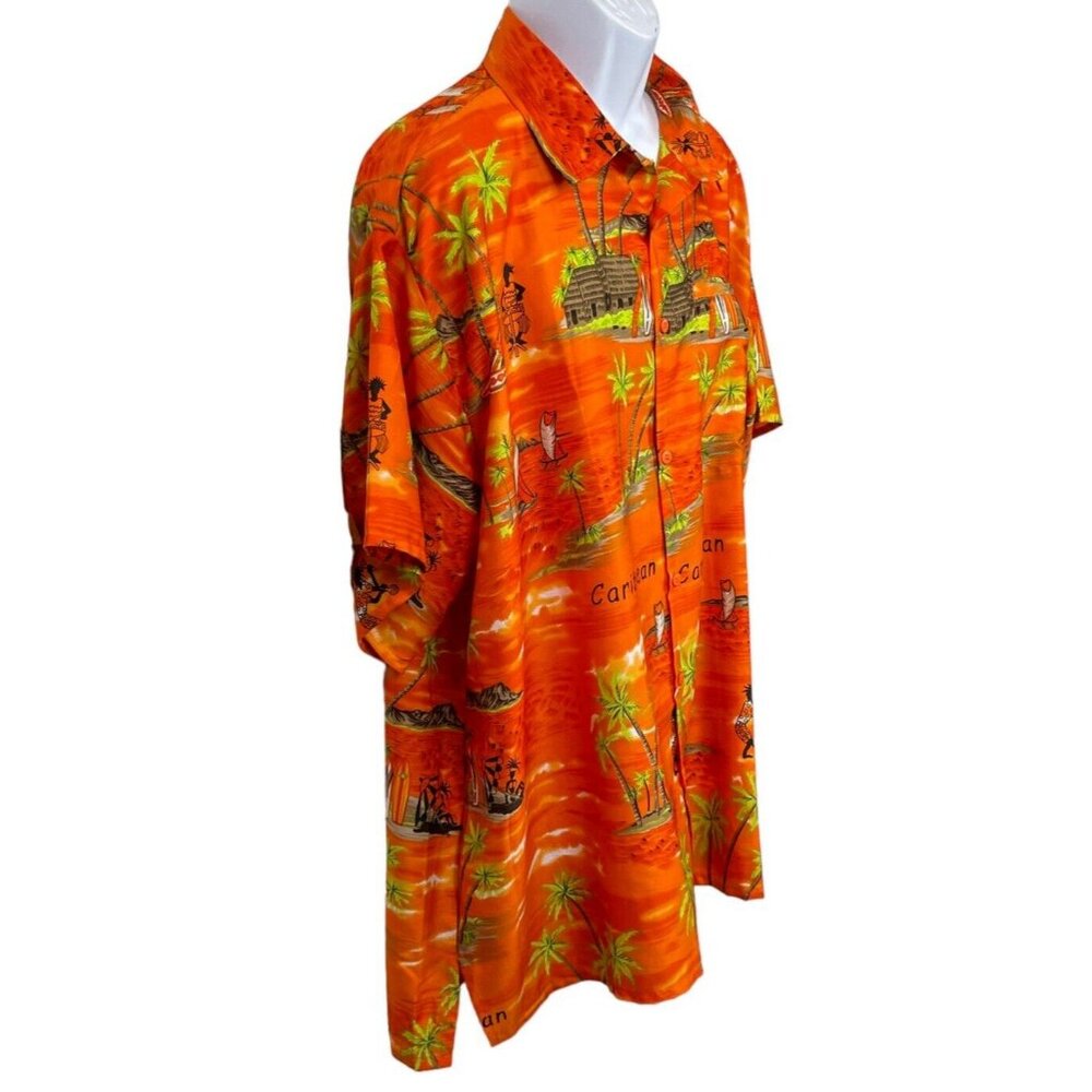 Creations Men's Hawaiian Palms Bright Orange Green Button Down Shirt XXL.